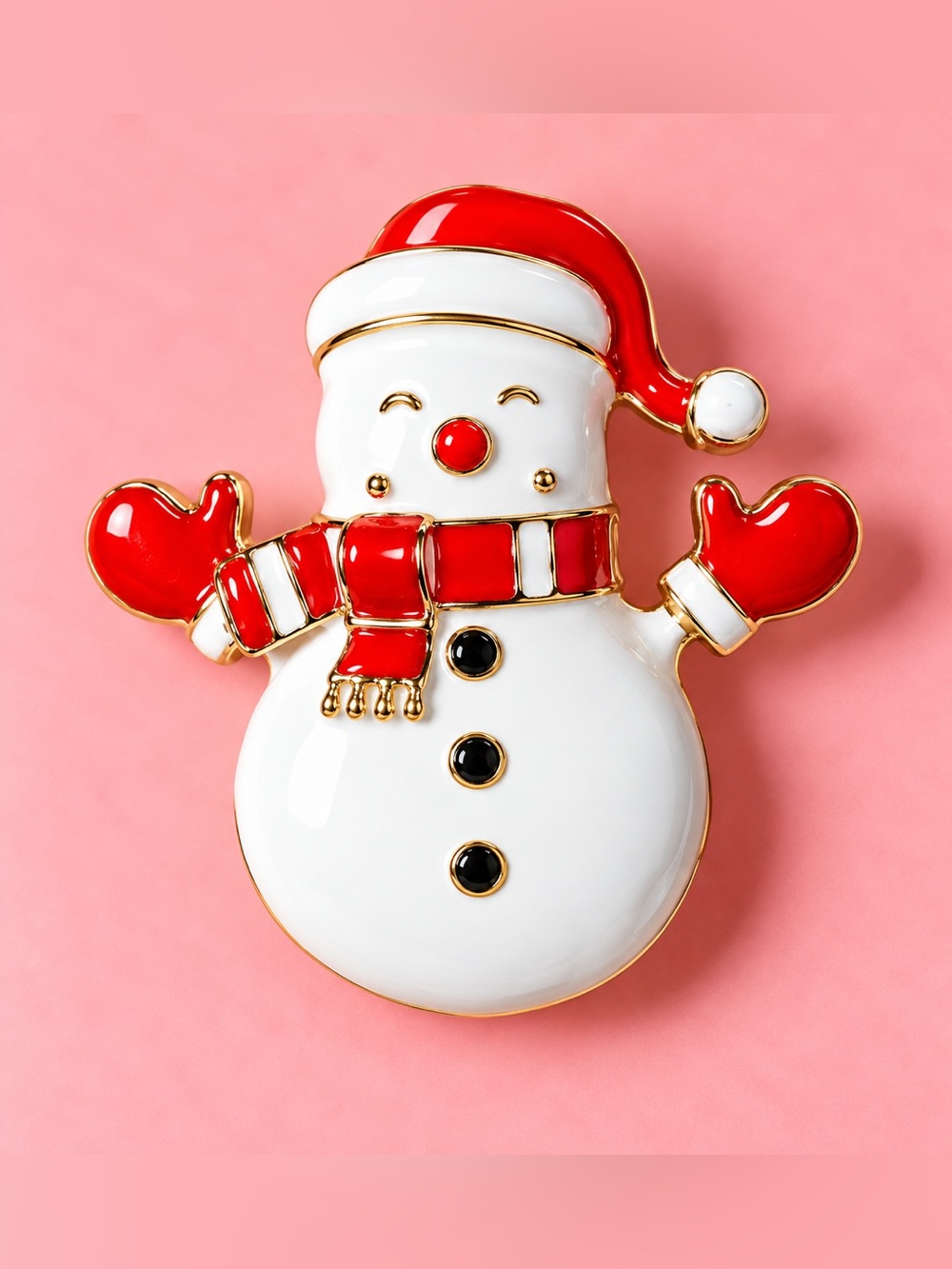 Holiday Snowman Brooch in Red & White with Gold Accents